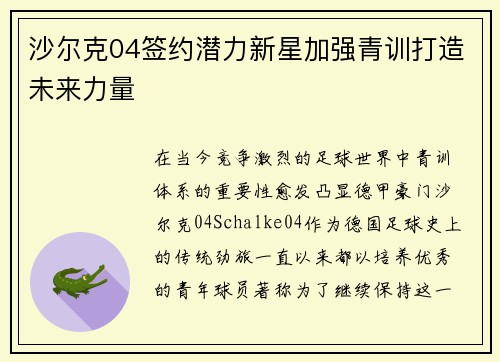 沙尔克04签约潜力新星加强青训打造未来力量
